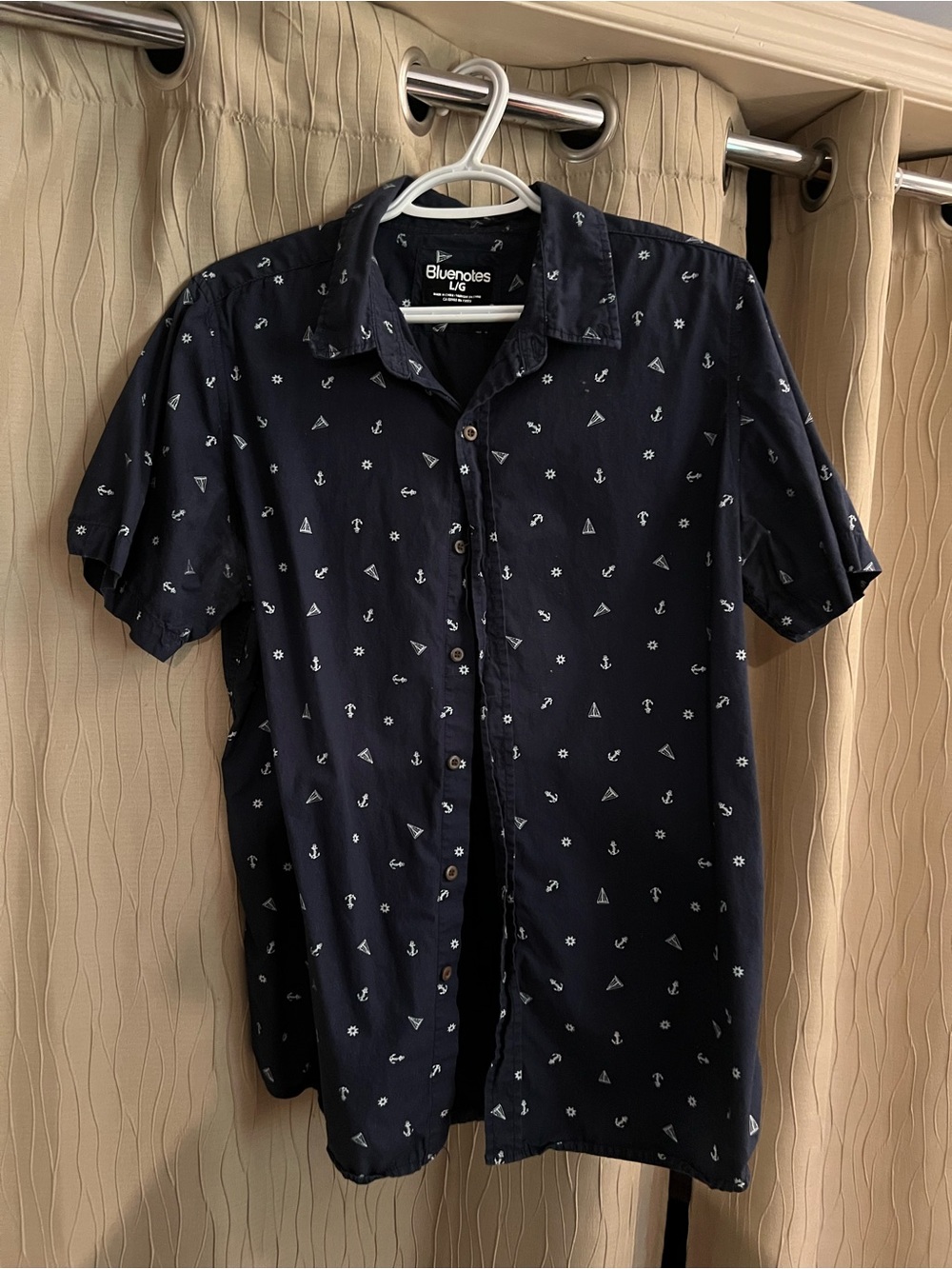Bluenotes Navy Short Sleeve Button-Down Shirt with White Nautical Print